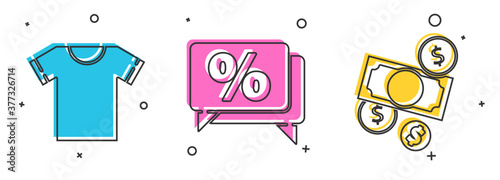 Set T-shirt, Discount percent tag and Money cash and coin icon. Vector.
