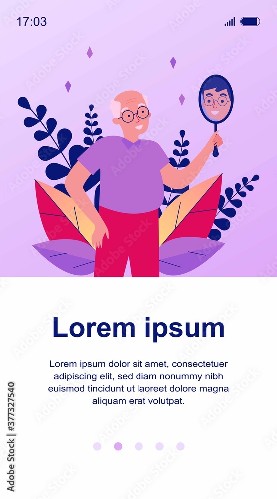 Smiling man looking at himself in mirror. Granddad imagining himself as young guy flat vector illustration. Narcissism and reflection concept for banner, website design or landing web page Smiling man looking at himself in mirror. Granddad imagining himself as young guy flat vector illustration. Narcissism and reflection concept for banner, website design or landing web page