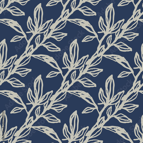 Light contoured branches seamless doodle pattern. Navy blue background. Outline botanic print.