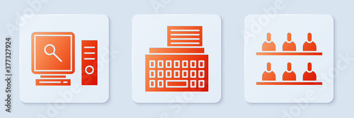 Set Retro typewriter, Search on computer screen and Jurors. White square button. Vector.