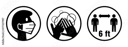 Set of Round Basic Coronavirus Covid-19 Measure Icons including Wear Face Masks, Wash Your Hands, and Keep Your Distance 6 ft or 6 Feet. Vector Image.
