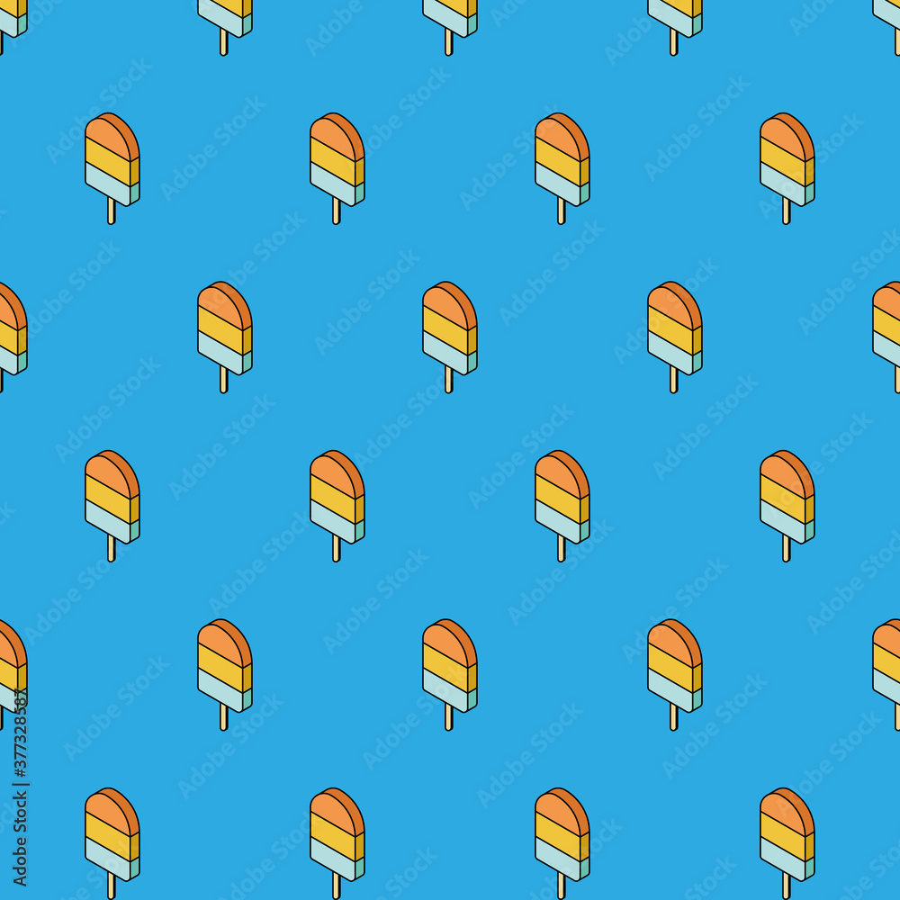 Vector isometric trendy seamless pattern with ice cream. Summer fashion print background. The ice cream is orange, yellow and light blue colored. Light blue background. Pastel Colors. Cartoon style