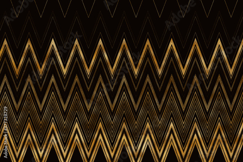 Wavy golden zigzag stripes on black backgrond. Horizontal chevron pattern. Digital illustration