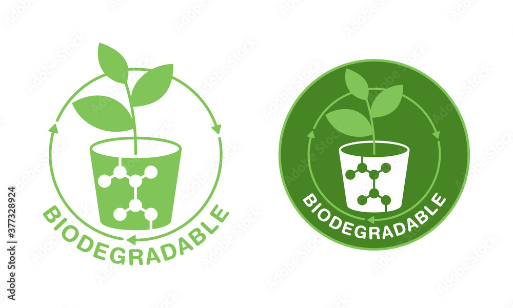 Biodegradable polymers icon green emblem with plastic polymer