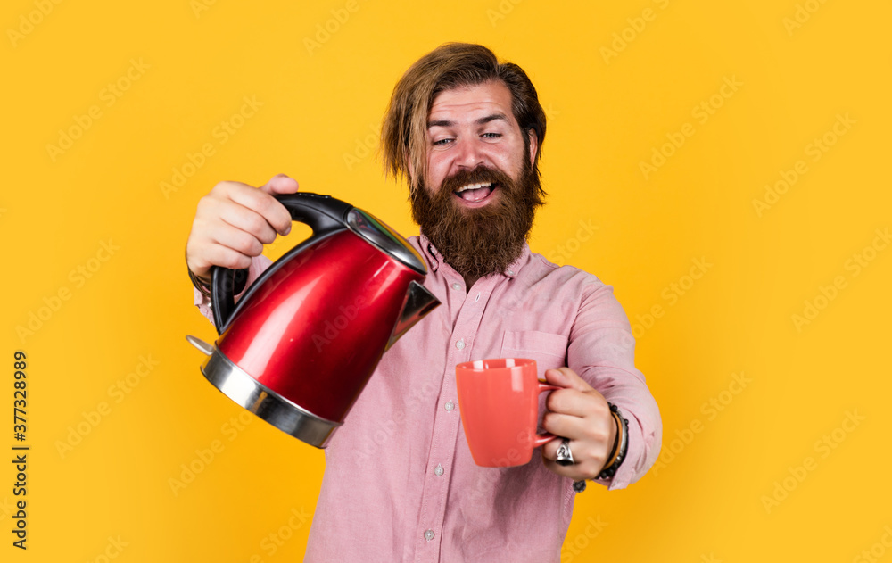 this is for you. bearded man use red electric kettle. male housekeeping concept. need some hot water. man going to drink tea or coffee. brutal man with moustache and beard. electric home device this is for you. bearded man use red electric kettle. male housekeeping concept. need some hot water. man going to drink tea or coffee. brutal man with moustache and beard. electric home device