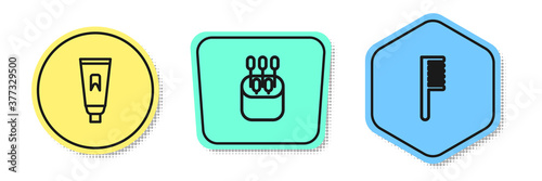 Set line Tube of toothpaste, Cotton swab for ears and Hairbrush. Colored shapes. Vector.