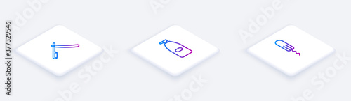 Set Isometric line Straight razor, Bottle of liquid antibacterial soap and Sanitary tampon. White square button. Vector.