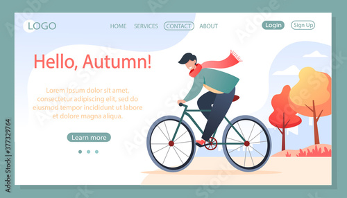 Young man rides a bicycle in the autumn park, walk in the fresh air, physical activity. Vector illustration, design for web page, site