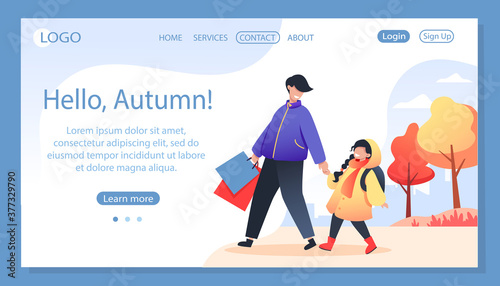 Father holding daughter by the hand, autumn walk in warm clothes. Vector illustration, design for web page, site