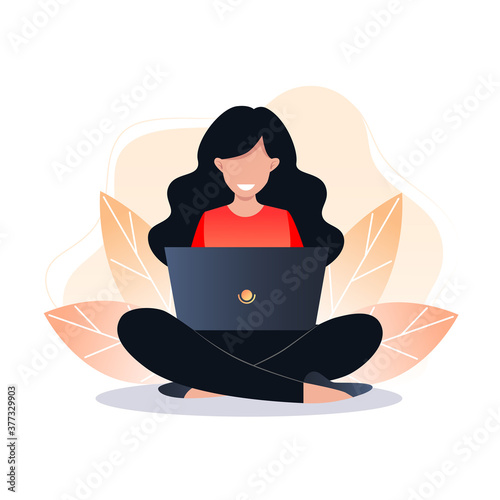 Young woman sitting on the floor and working on a laptop, freelance. Vector illustration for web design