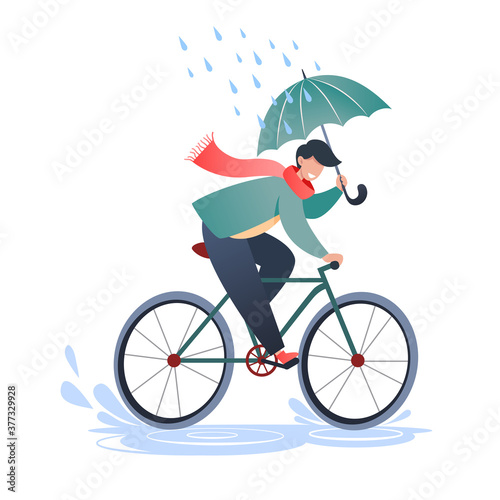 Young man rides a bicycle and holds an umbrella, walk in the fresh air, physical activity. Vector illustration