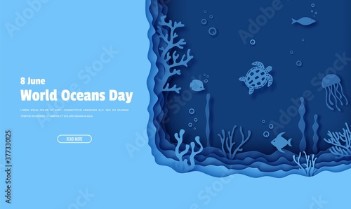 Web page design template in paper cut style underwater ocean underwater view. Aquarium with wild life in paper cut style. Vector paper craft diving World Water Day, 8 June Ocean Day website concept.