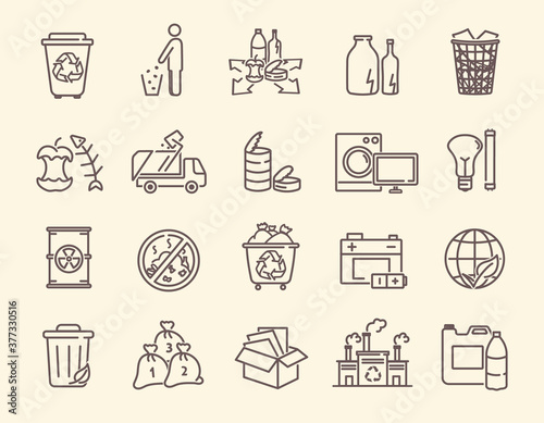 Set of icons for rubbish and waste disposal with recycling bins, broken goods, garbage bin, discarded organics and consumables and a rubbish truck, line drawn vector illustration