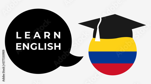Speech bubble with "Learn English" written inside, spoken by the flag of Colombia.