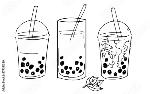 Bubble tea drink in plastic cup straw sketches hand drawing isolated white background hand drawn style