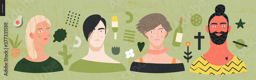 Beautiful people portrait -hand drawn flat style vector design concept illustration of a young people, men and women, face and shoulders avatar, surrounded by abstract elements. Flat style vector icon