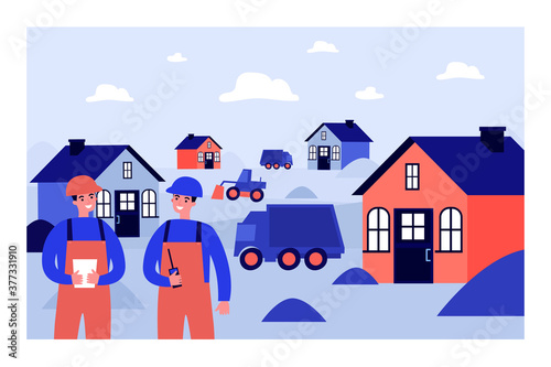 Professional builders constructing houses. Car, engineer, site flat vector illustration. Construction and building concept for banner, website design or landing web page