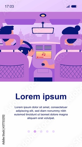 People listening to music while travelling by car. View from backseat of couple on passenger and driver seats inside car interior. Vector illustration for transportation, vehicle, trip concept