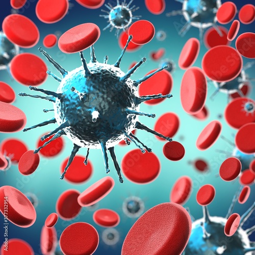 Coronavirus, Covid-19, SARS-CoV-2 virus and blood cells - 3D illustration