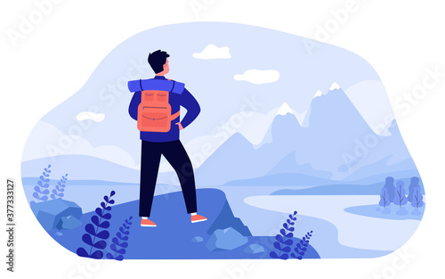 Adventure travel concept. Tourist exploring mountains. Man with backpack standing at cliff and admiring landscape. Vector illustration for hiking, trekking, nature, discovery, tourism topics