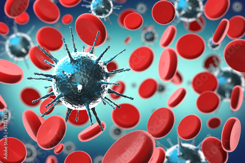 Coronavirus, Covid-19, SARS-CoV-2 virus and blood cells - 3D ill