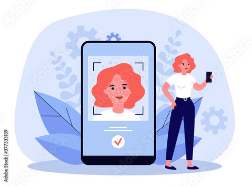 Face recognition concept. Woman using smartphone after ID authentication. Vector illustration for smart technology, data protection, biometrical recognition topics