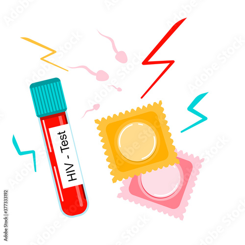 HIV test proof in laboratory tube.Prevention AIDS,venereal diseases,birth controlling.Condoms are attacked by sperms,flashes lighting around.Safe sex concept.World Contraception Day.Online medicine