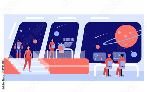 Interstellar space station crew. Captain, officers and robot monitoring planets. Vector illustration for science fiction, space exploration concept