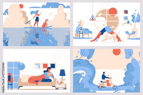 Vector scenes about dogs and owners love. Travelling with puppies, yoga and sport with pets. Vibrant colors, lovely characters