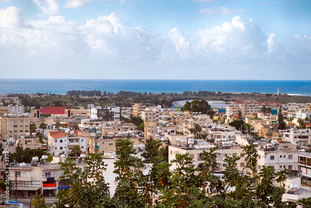 High point view to the Paphos city, sea and sky