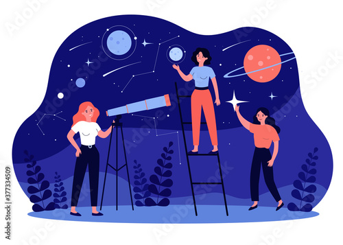 People studying astronomy and astrology, using telescope for galaxy and planets research. Vector illustration for discovery, geography, horoscope concept