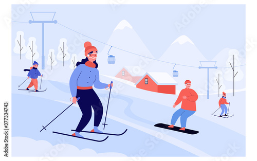 Happy people with kids skiing and snowboarding past elevator in mountains. Tourists enjoying vacation at ski resort. Vector illustration for winter sport activity concept