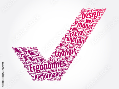Ergonomics check mark word cloud collage, concept background