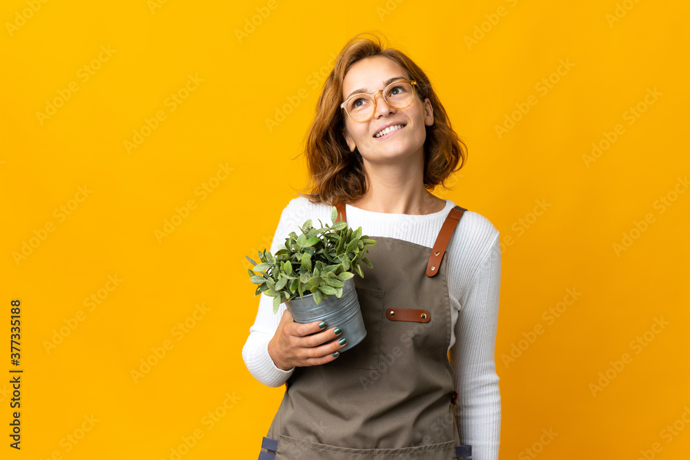 Young Georgian woman holding a plant isolated on yellow background thinking an idea while looking up Young Georgian woman holding a plant isolated on yellow background thinking an idea while looking up