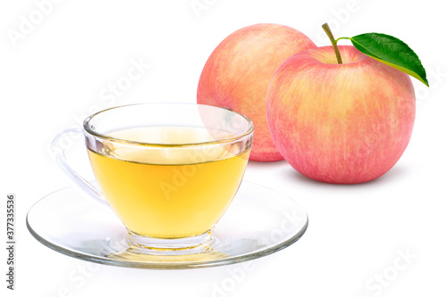 Closeup cup glass of apple cider tea and fresh ripe pink red apple fruit isolated on white background. 