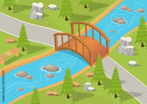 Isometric of park with river and wood bridge.