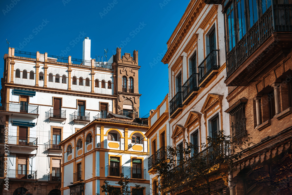 Antique building view in Old Town Seville, Spain