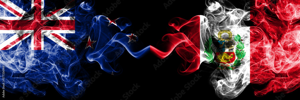 New Zealand vs Peru, Peruan smoky mystic flags placed side by side. Thick colored silky abstract smoke flags New Zealand vs Peru, Peruan smoky mystic flags placed side by side. Thick colored silky abstract smoke flags