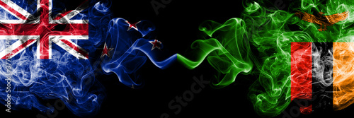 New Zealand vs Zambia, Zambian smoky mystic flags placed side by side. Thick colored silky abstract smoke flags