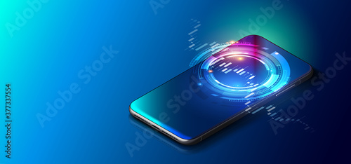 Vector realistic Smartphone on blue controls stock market forex trading graph futuristic Smart investment technology controlling protection system global Network financial Investment economic Trends