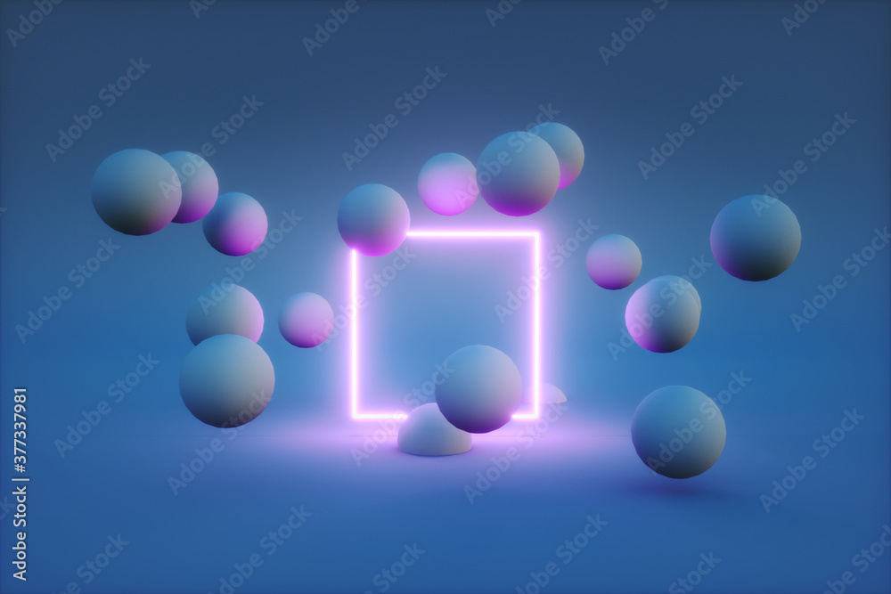 3d render of neon frame with balls around it. modern technology concept