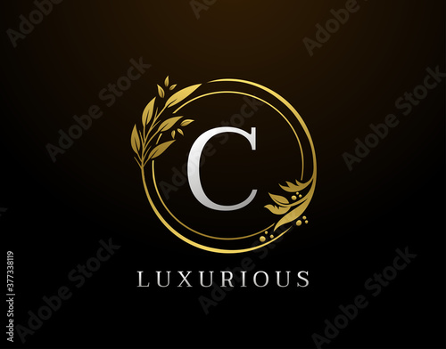 Elegant C Letter Floral Design. Circle Luxury C Gold Logo Icon.