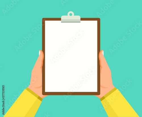 Blank clipboard in hands businessman. Empty space for text. Man points finger area for text. Vector illustration, flat design. Blank sheet white paper. Place for communication, questionnaire, report