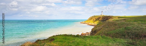 Aerial view of coast at Cap Gris Nez, France. Azure water. Picturesque panoramic scenery. Idyllic landscape. Travel destinations, eco tourism, summer vacations, national landmark, nature