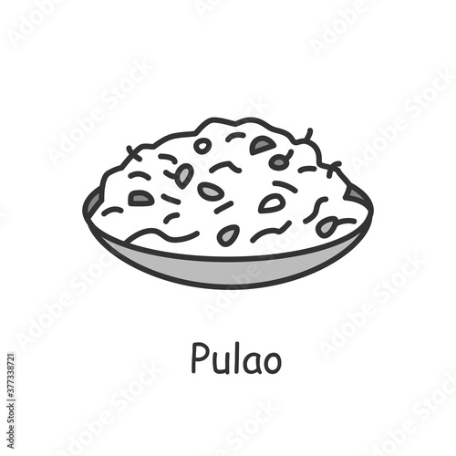  Pulao line icon. Middle Eastern cuisine. Rice or bulgur in broth. Traditional delicious Indian dish. Asian food. Isolated vector illustration. Editable stroke