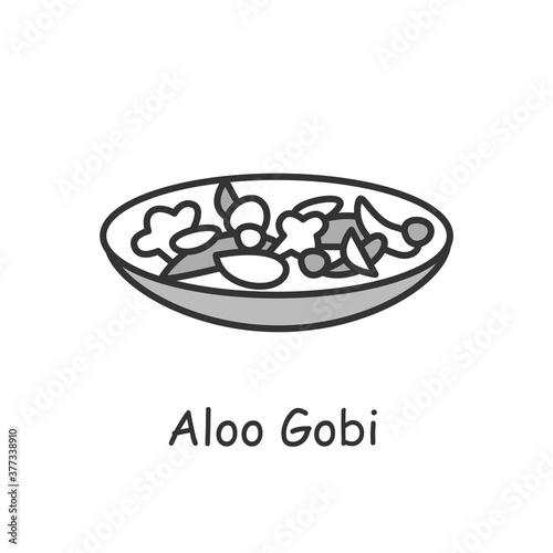 Aloo Gobi line icon. Indian subcontinental cuisine. Vegetarian dish with potatoes, cauliflower, spices. Traditional delicious Indian dishes. Asian food. Isolated vector illustration. Editable stroke 