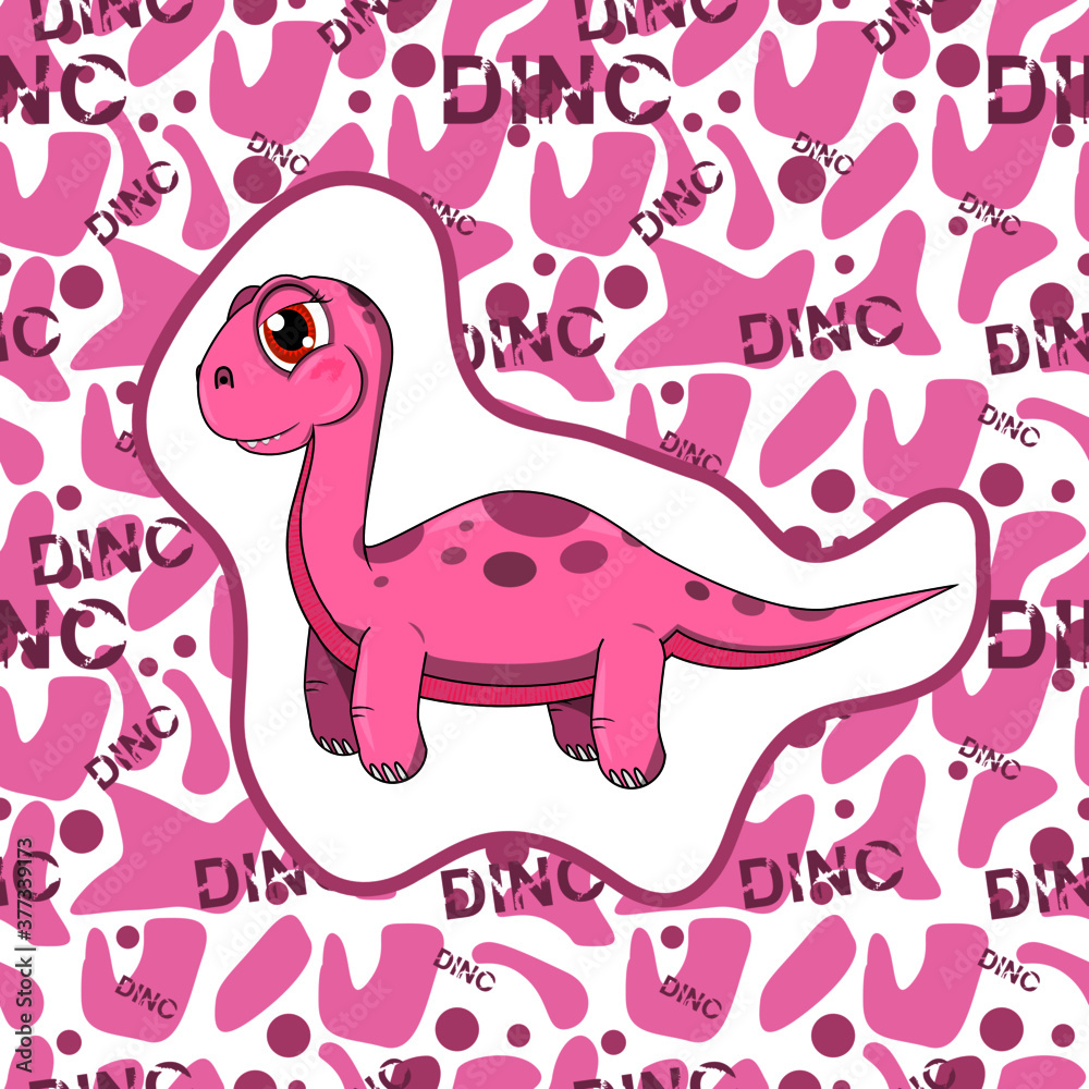 Cute pink dinosaur in vector with pattern background