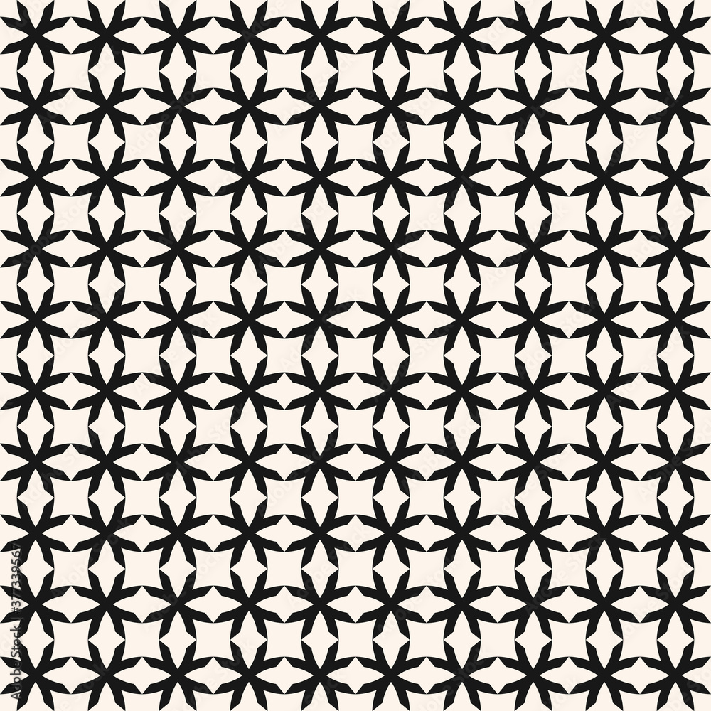 Vector geometric seamless pattern with crosses, grid, lattice, net, ornamental mesh. Monochrome geometrical ornament. Simple black and white background texture. Repeat design for wallpaper, fabric