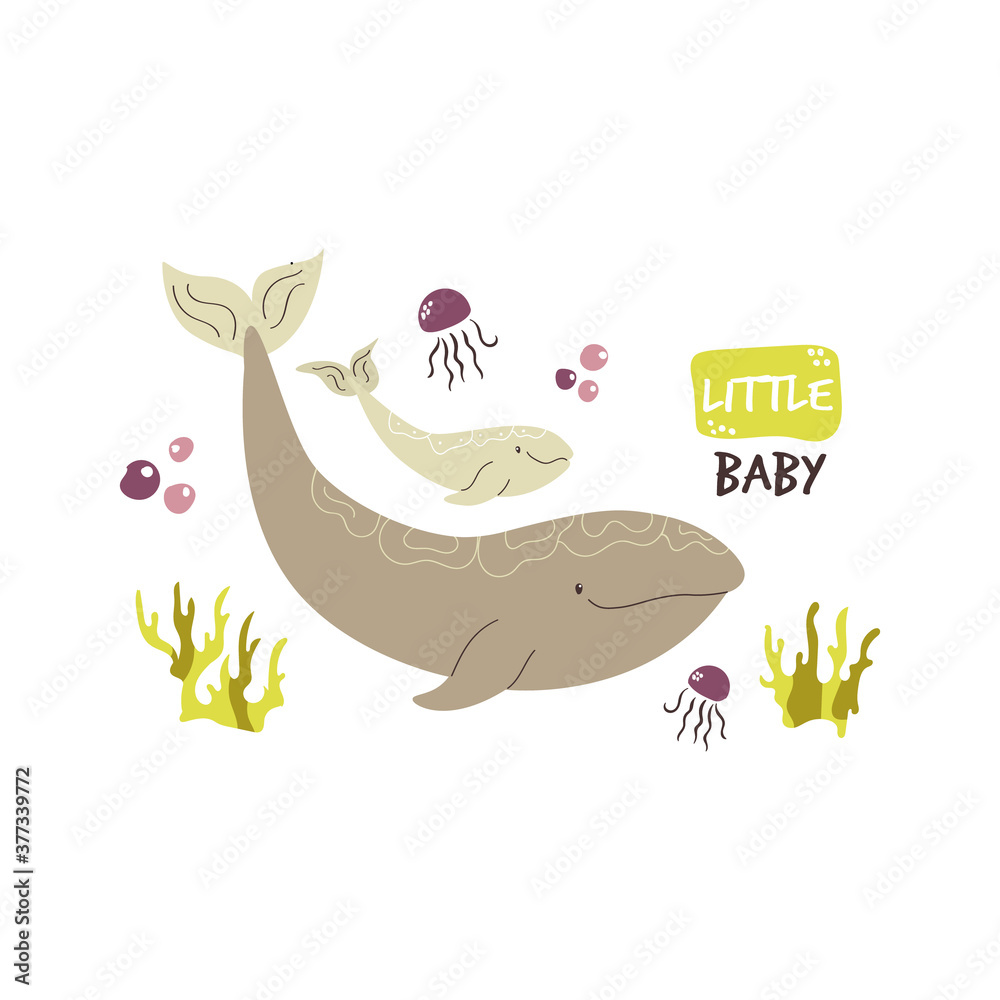 Naklejka premium Cute whale family. Baby cartoon design, composition