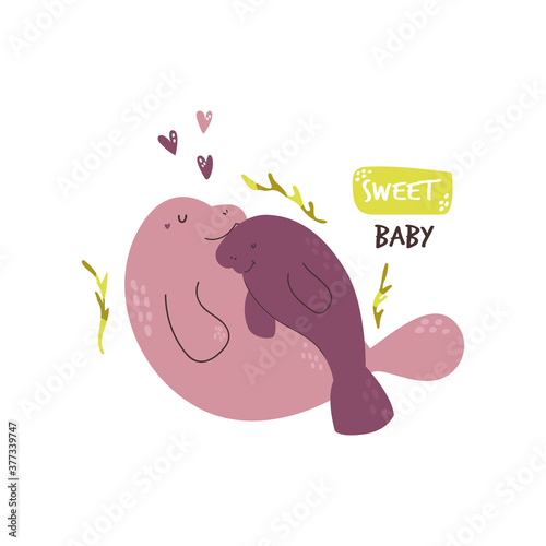 Cute happy manatee family. Baby cartoon design